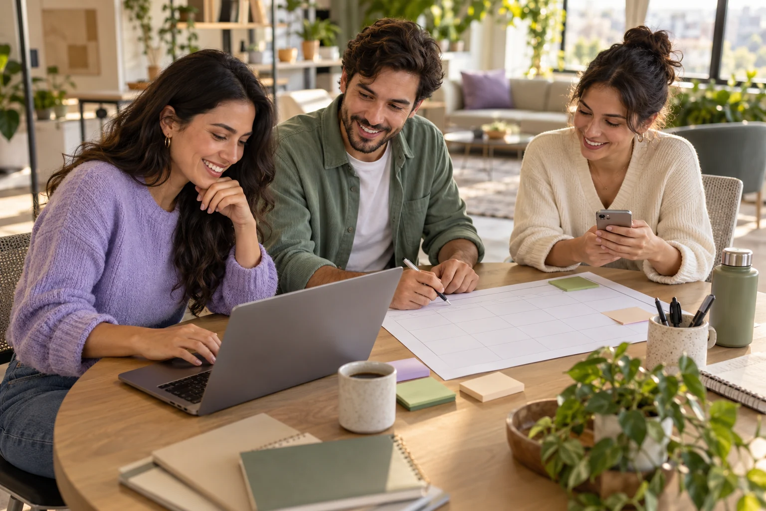 Equipo coordinando tareas con una computadora, un celular y una agenda